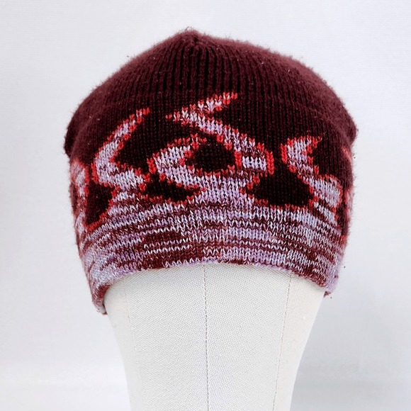 Vintage TILT Fitted Knit Beanie Hat Maroon Flame Cap Acrylic Winter 90s Y2K - Picture 1 of 6